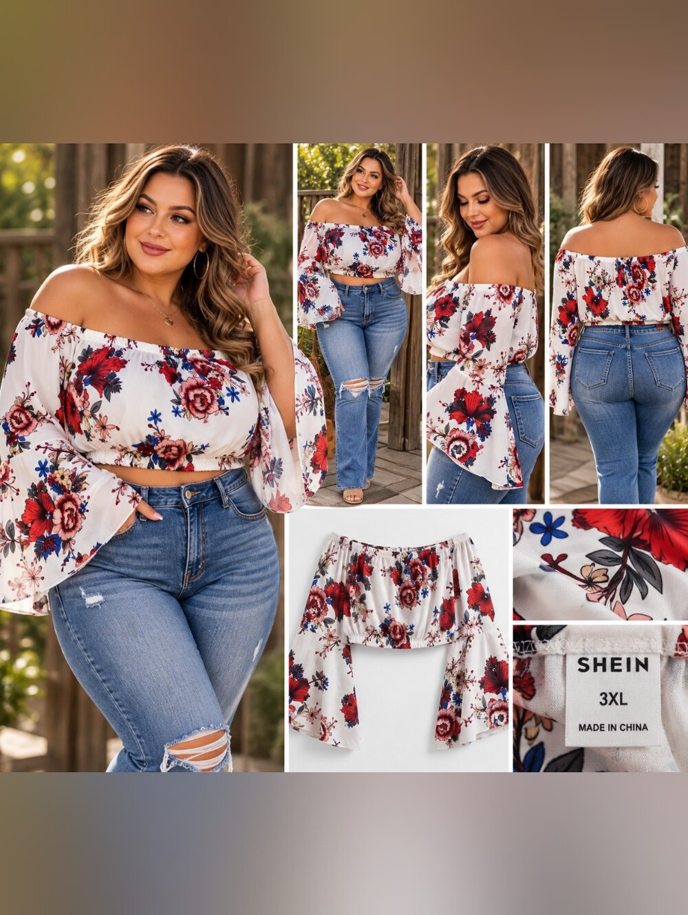 SHEIN Floral Crop Top in White & Red Size Medium